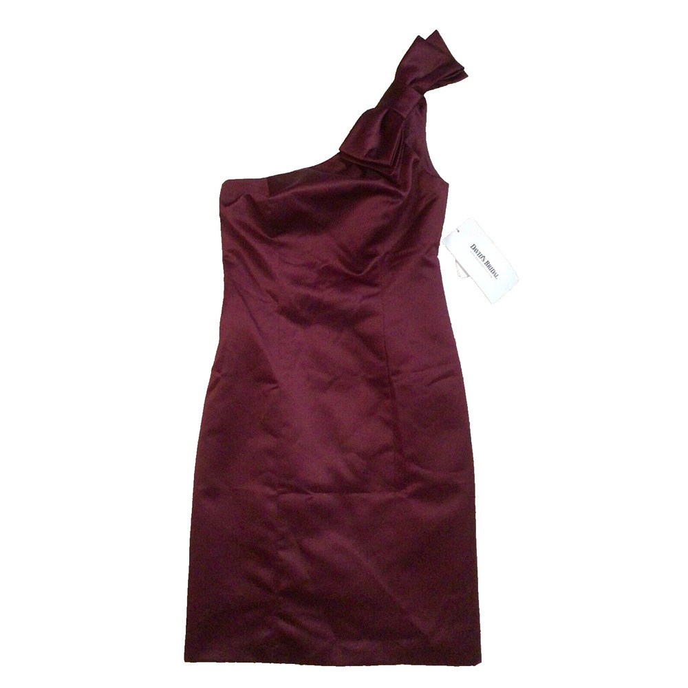 Davids Bridal Wine One Shoulder Satin Bow NWT Bridesmaid Dress Size 2 923A